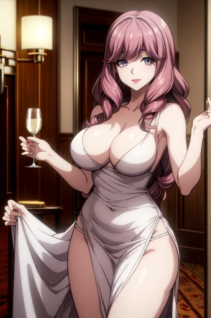 perfect eyes:1.2, detailed eyes:1.4, hall, smile, holding champagne coupe, chandelier, Kurayoshi_R, cleavage, large breasts, ass, white dress, pelvic curtain, long dress, medium full shot, thigh-level shot, 1girl,(masterpiece:1.6, best quality),