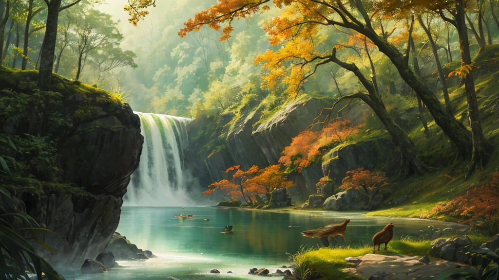 RAW photos of landscapes,The most exquisite details,Realistically,spring,Fog atmosphere,China、Autumnal、jungle、Wild geese,lake、Cave、Fall,The tree、grassland、Rochas、please、Hot springs、hydrosphere、(Implications:1.0)、Epic Composition、Realistic lighting、High Definition Details、masterpiece、best quality,(Highly detailed CG Unity 8k wallpaper),Composition,美学Composition。Autumnal色彩,Illustration poster。