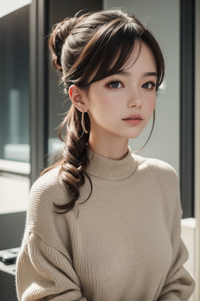 ((best qualityer)), ((work of art)), (detailded), 1 girl, shoulder to shoulder sweater,