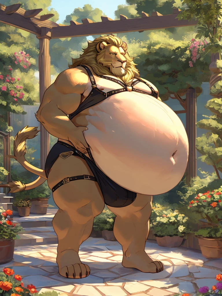 Lion, male, long and blond mane, blond beard, green eyes, very big and round fat belly, obese, chest harness, tight and fitting jockstrap, sexy gaze, alone, standing, garden terrace, high-quality 4k resolution, ultra-detailed, realistic:1.37, oil painting, vivid colors, warm color tone, soft and warm lighting.