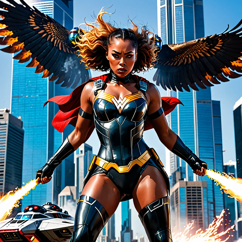futuristic scene with skyscrapers, hovercrafts and a female superhero named "Hawk Tua" spitting fire. She has the head of a hawk and the body of a female human