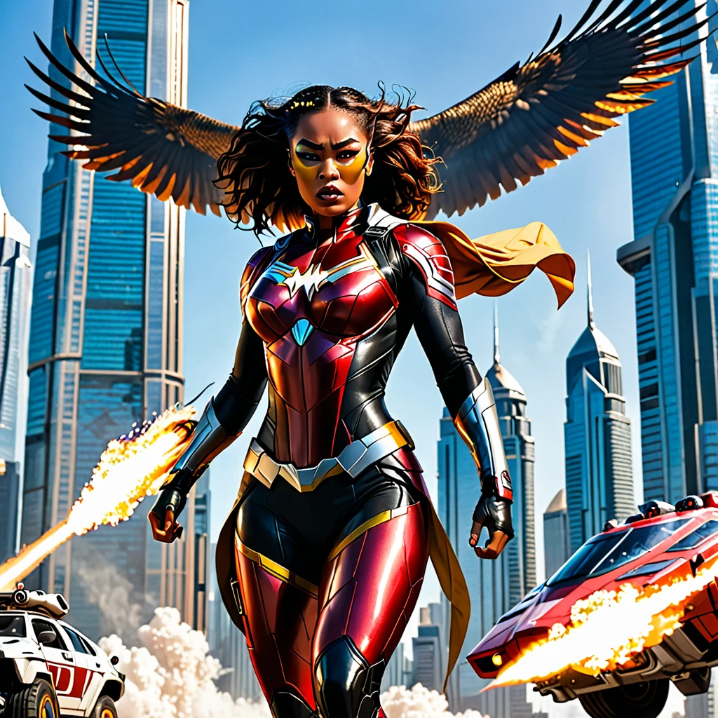 futuristic scene with skyscrapers, hovercrafts and a female superhero named "Hawk Tua" spitting fire. She has the head of a hawk and the body of a female human