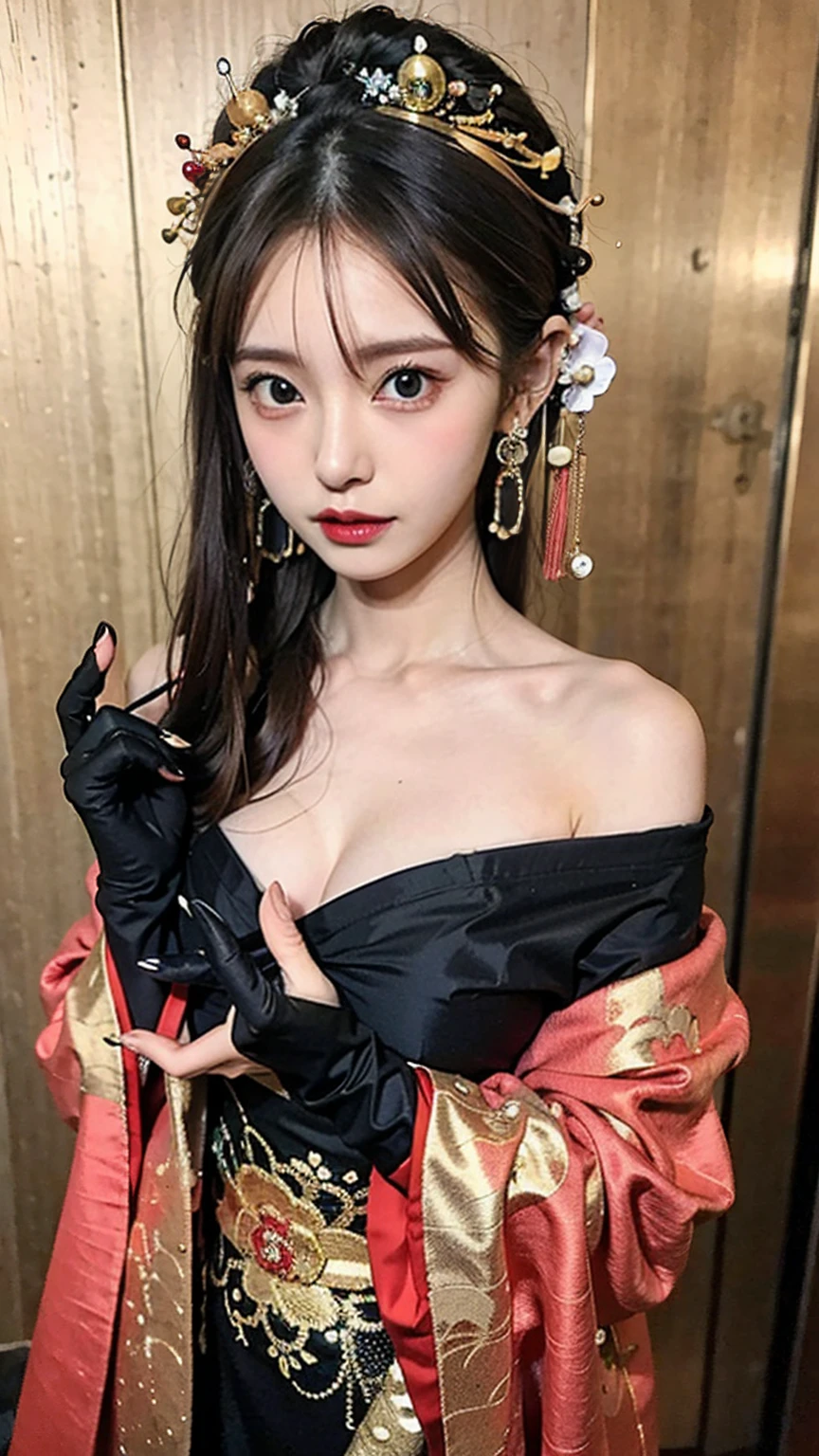 Yor Briar, Beautiful woman in anime style, One girl,whole body, Happy, 笑face, red face, Mouth closed, Beautiful attention to detail, Highly detailed skin, Backlight, Bare shoulders, Black background, black dress, black gloves, Black Hair, chest, dress, Earrings, fingerless gloves, Floating Hair, flower柄プリント, flower, gloves, gold Earrings, gold hair band, hair flower, hair ornaments, hair band, Holding, Holding arms, jewelry, large chest, Long Hair, View your viewers, off-shoulder dress, Off the shoulder,Red eyes, Long Hairの短い髪, Side Lock, alone, spike, Thighs, two-sided dress, Double-sided fabric, arms, Combat Stance , face, close, From above, Highest quality, High resolution.