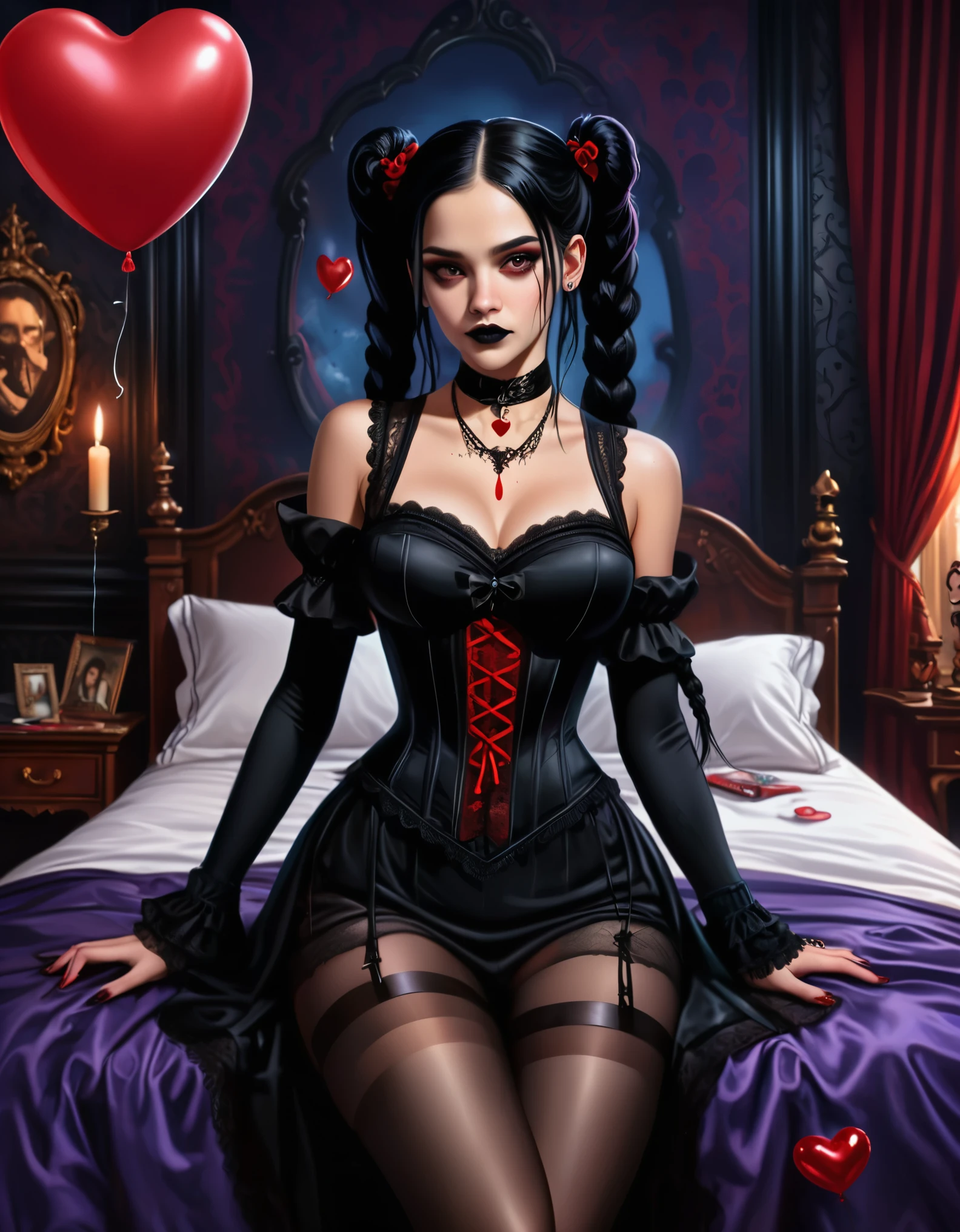 A young woman with long black hair styled in two braids and wears minimal makeup with dark eyeliner, black lipstick, sexy goth, Wednesday Addams (Jenna Ortega). The setting is a old Victorian bedroom with McCabe ornate decorations with a (Duotone {red and black]) silk bedspread. Painting on the wall of famous monsters taking a family photo. She is wearing black ornate fabric choker, black corset, black short feathered dress with black stockings. Holding a single string to a single red balloon dripping red paint, shaped like a heart floating in the air. A peculiar, lifelike severed hand is placed on the bed next to her, adding an element of mystery. The lighting is eerie, coming from an unseen source, creating a since of mystery and intriguing atmosphere. Hyper realistic photo, vibrant colors, 16k.