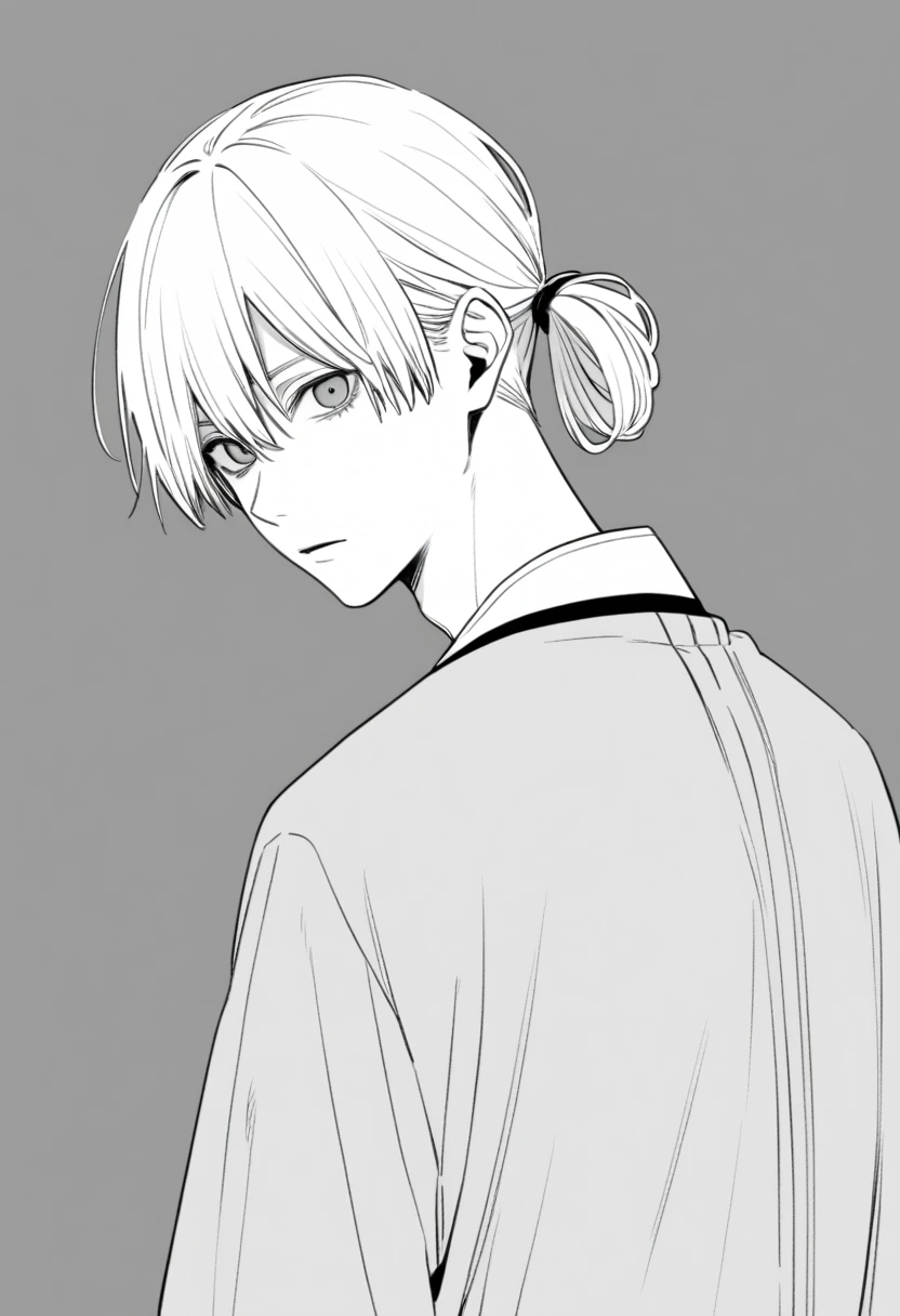 yuto-sano, 1boy, Kaneki, white hair, tied hair, long hair, long tied hair, elegant, monochrome, solo, greyscale, male focus, looking at viewer