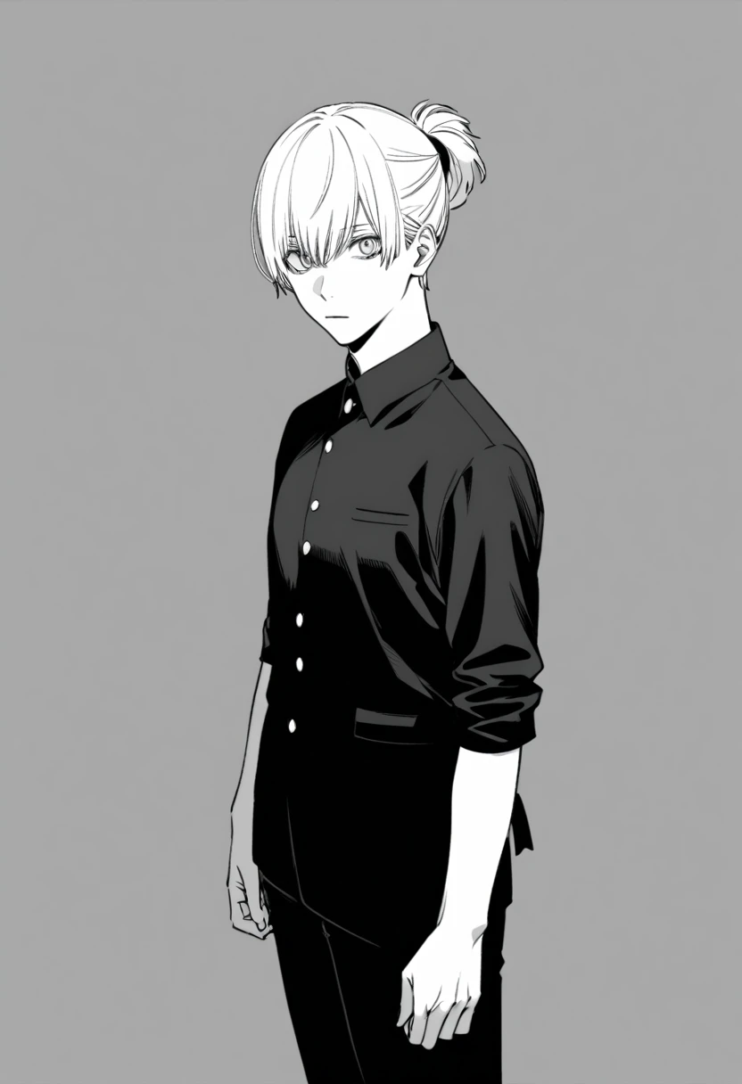 yuto-sano, 1boy, Kaneki, white hair, tied hair, long hair, long tied hair, elegant, monochrome, solo, greyscale, male focus, looking at viewer