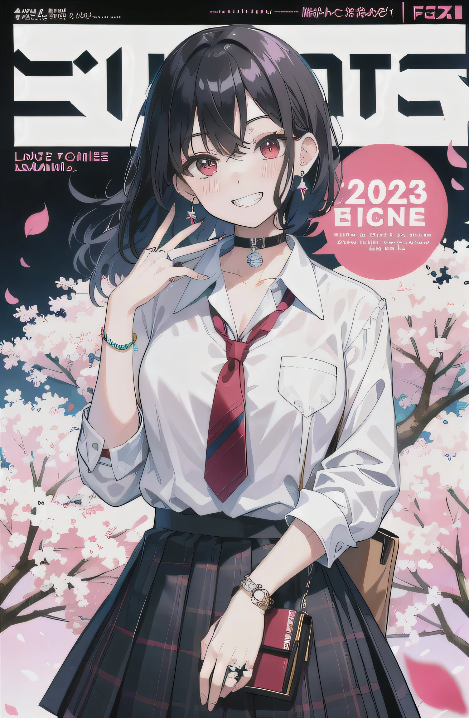 Masterpiece, of the highest quality, whole body, 1 girl, hits, black choker, black atar, black fur, short hair,blue Skirt, blush, bracelet, chest, choker, clothes Around waist, clavicle, collared shirt, cowboy shot, dress shirt, ear earrings, eyebrows visible through hair, faded hair, smile and laugh, improve, jewelry, Kogal, wide, looking at the viewer, loose atar, atar, earrings, tartan, tartan Skirt, pleated Skirt, Red eyes, ring, , shirt, Skirt, SMILE, alone, white shirt, street, null, Cherry blossoms, petal,cipher, (magazine:1.3), (cover-style:1.3), fashionable, Women, Dynamic, Clothes, take a pose, forehead, showy, dynamic, bottom, element, With trust, performance, tenure, declaration, accessories, majestic, tangled, Around, Tap, scene, article, cover, bold, For call the atention, Title, elegant, fountain, catchy, Title, larger, Awesome, modern, trend, focused, fashion,
