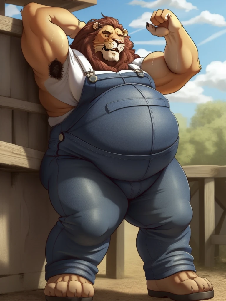 lion, overalls, sweat, armpit hair, obese, by bontiage