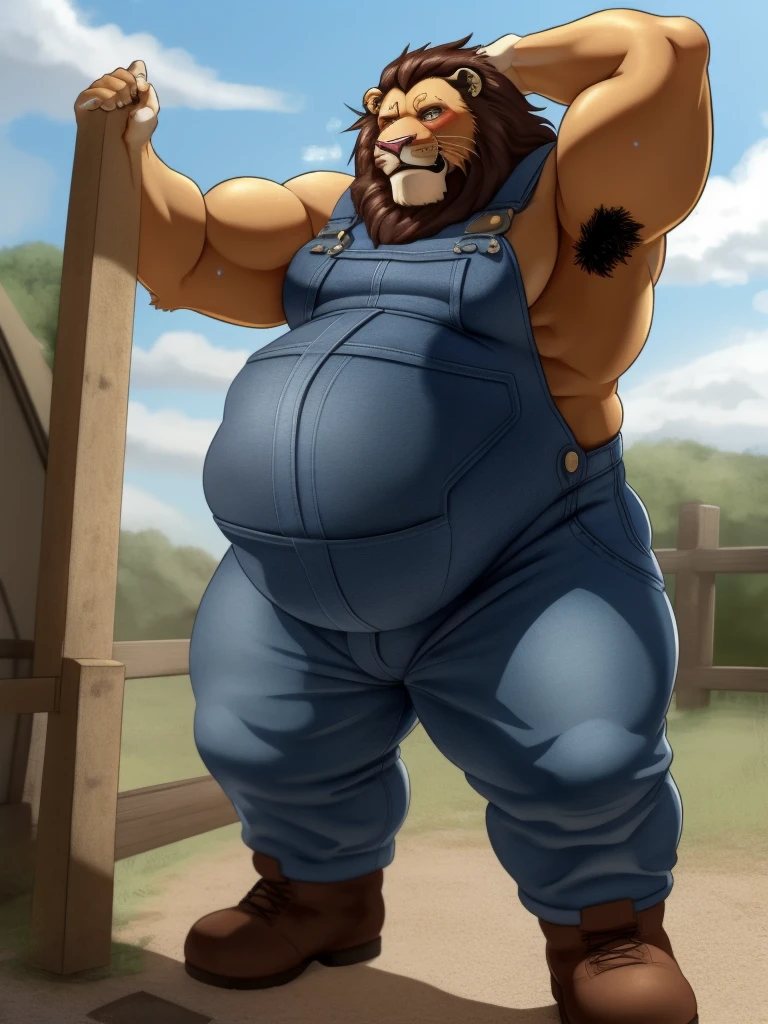 lion, overalls, sweat, armpit hair, obese, by bontiage 