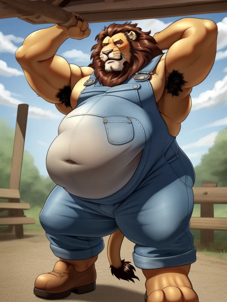 lion, overalls, sweat, armpit hair, obese, by bontiage