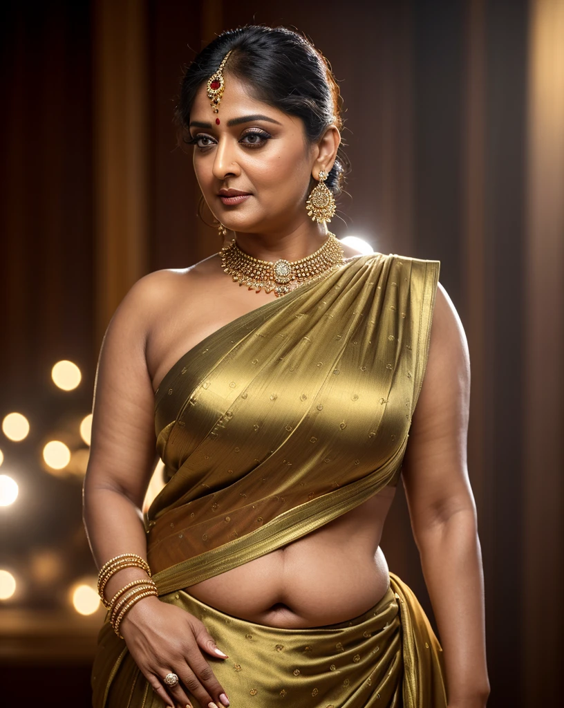 50yo mature MILF Anushka Shetty,((best quality)), ((masterpiece)), ((realistic)), sweat, alluring figure,  bulging figure, thick charming lady, curvy, thick navel, full figured woman, sexy navel folds, fleshy figure, eye kajal, massive breast, full body, styled hair, pierced eyes, female face,royal aura, trend on artstation , sharp focus, studio photo, intricate detail, very detailed, detailed eye, illustration, very detailed, sharp focus, digital render, professional, 4k