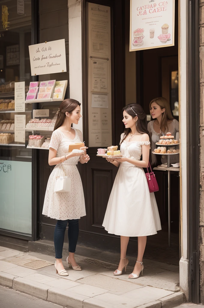 Drawings of two discreet women selling sweets and iced cake, one brunette and the other blonde 
