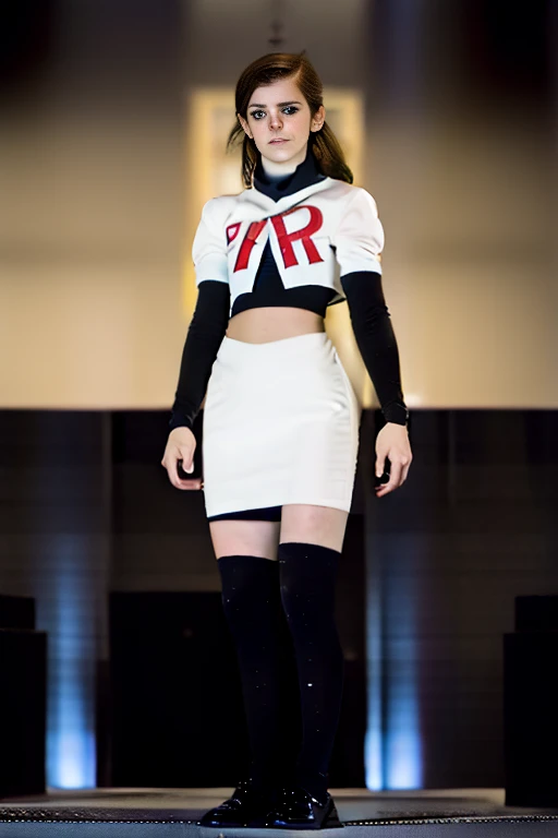 Emma Watson,  wearing team rocket,team rocket uniform,white skirt,red letter R,crop top,black thigh-highs,black elbow gloves, PURPLE PANTYHOSE,  full body,  sun light park 