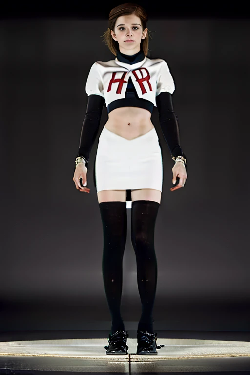 Emma Watson,  wearing team rocket,team rocket uniform,white skirt,red letter R,crop top,black thigh-highs,black elbow gloves, PURPLE PANTYHOSE,  full body,  sun light park 