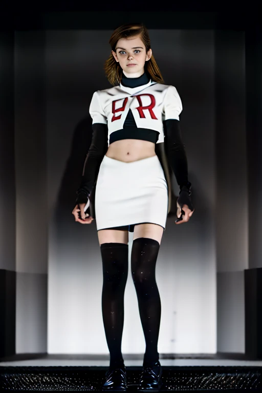 Emma Watson, wearing team rocket,team rocket uniform,white skirt,red letter R,crop top,black thigh-highs,black elbow gloves, PURPLE PANTYHOSE, full body, sun light park