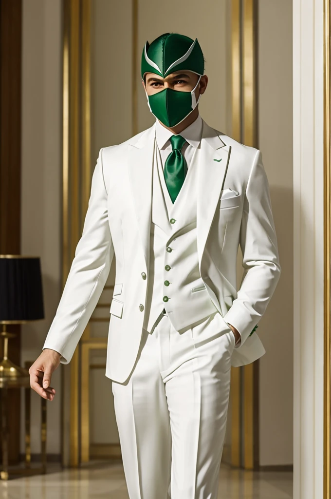 The character with the green mask dressed in an elegant white suit