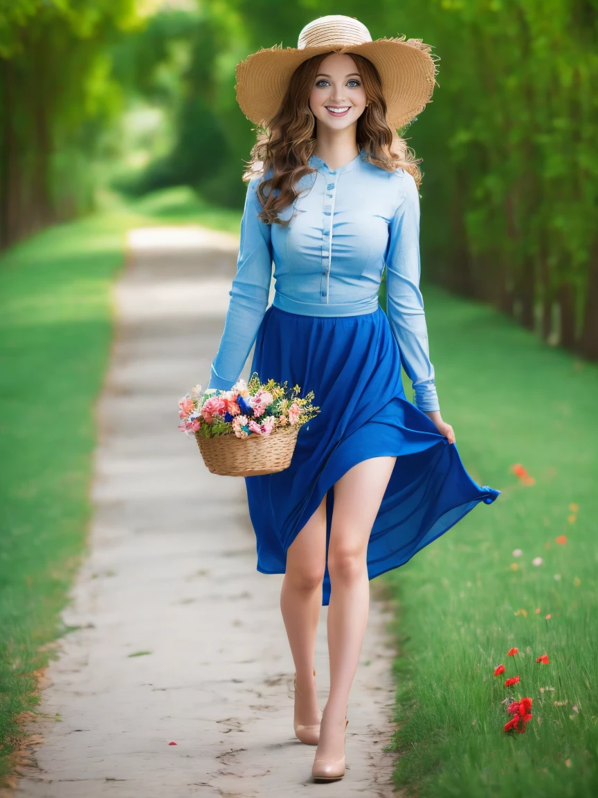 A girl in a dress holding a basket of flowers, blue skirt, white shirt, straw hat, long sleeves, brown high heels, short blonde hair