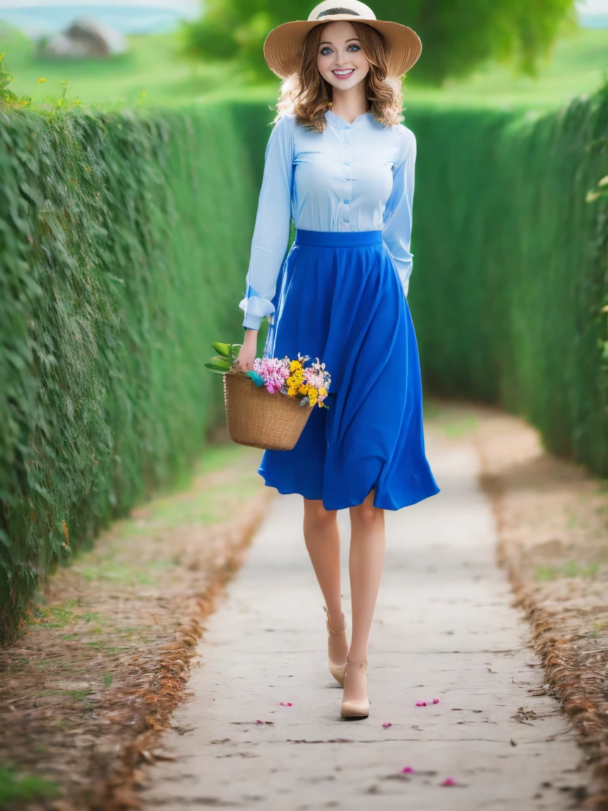 A girl in a dress holding a basket of flowers, blue skirt, white shirt, straw hat, long sleeves, brown high heels, short blonde hair