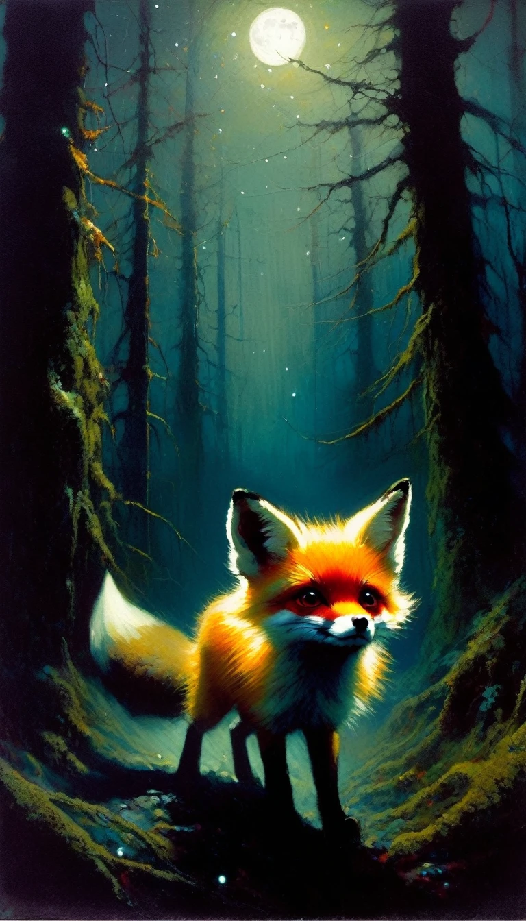 a  fox, adorable but angry, red eyes, walks through a forest at night, fog, creepy atmosphere, magic, fantastic, night sky, moon, stars, old-growth forest, dark mossy trees, moonlit, moody lighting, atmospheric, (art inspired in Bill Sienkiewicz). oil painting)
