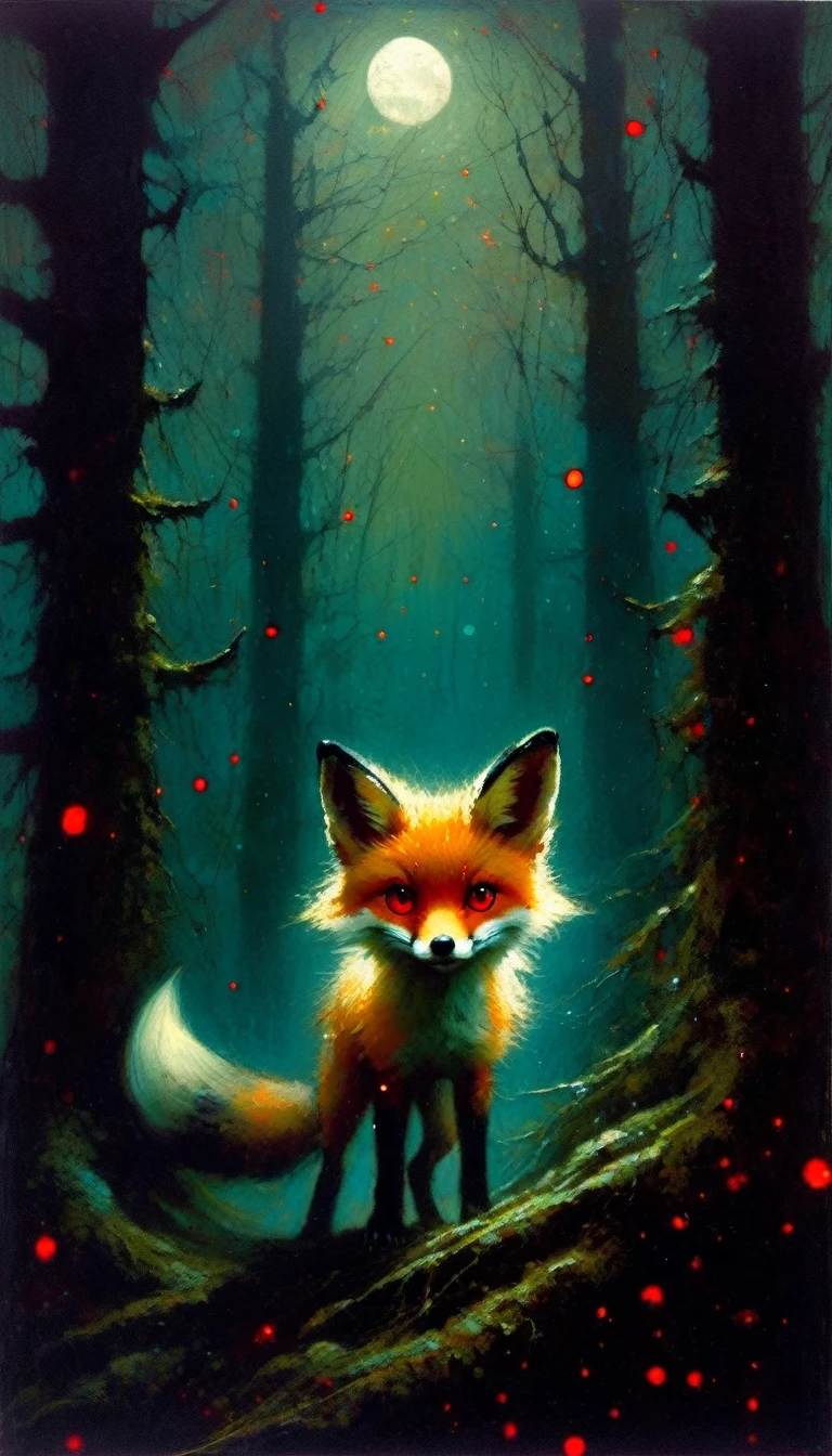 a little fox, adorable but angry, red eyes, walks through a forest at night, fog, creepy atmosphere, magic, fantastic, night sky, moon, stars, old-growth forest, dark mossy trees, moonlit, moody lighting, atmospheric, (art inspired in Bill Sienkiewicz). oil painting)

