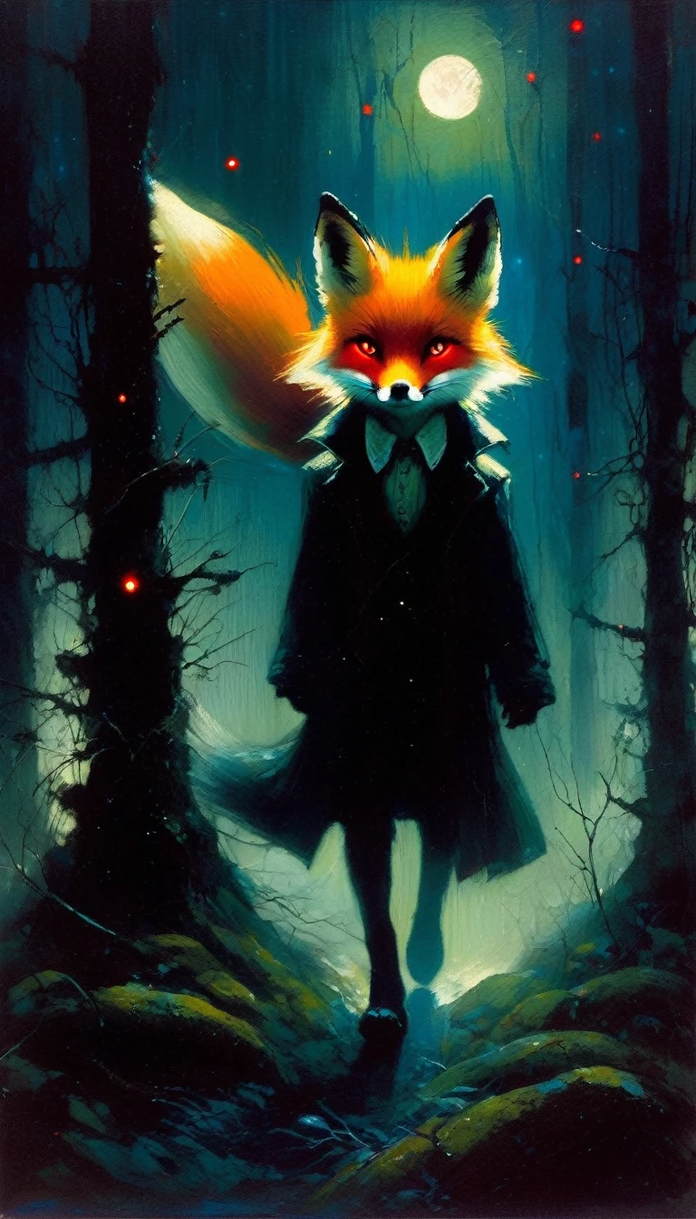 a little fox, adorable but angry, red eyes, walks through a forest at night, fog, creepy atmosphere, magic, fantastic, night sky, moon, stars, old-growth forest, dark mossy trees, moonlit, moody lighting, atmospheric, (art inspired in Bill Sienkiewicz). oil painting)
