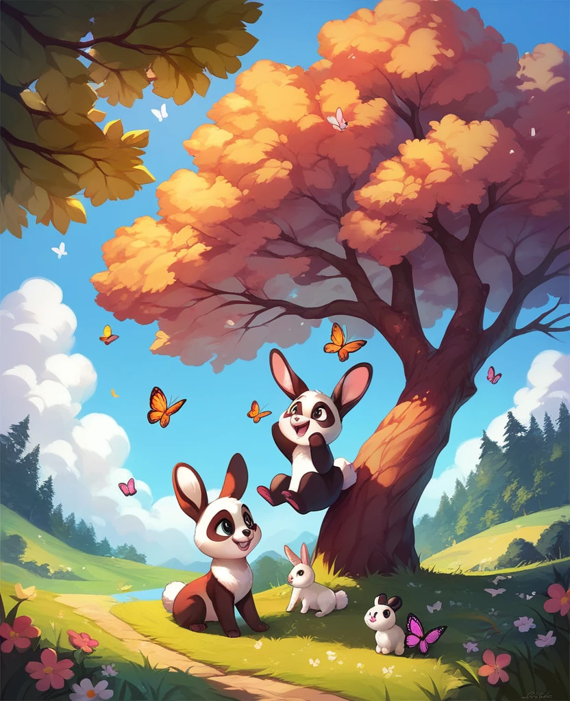 Cute nature scenery, no people, clouds rainbow. pandas,kittens,bunnies,trees,butterflies