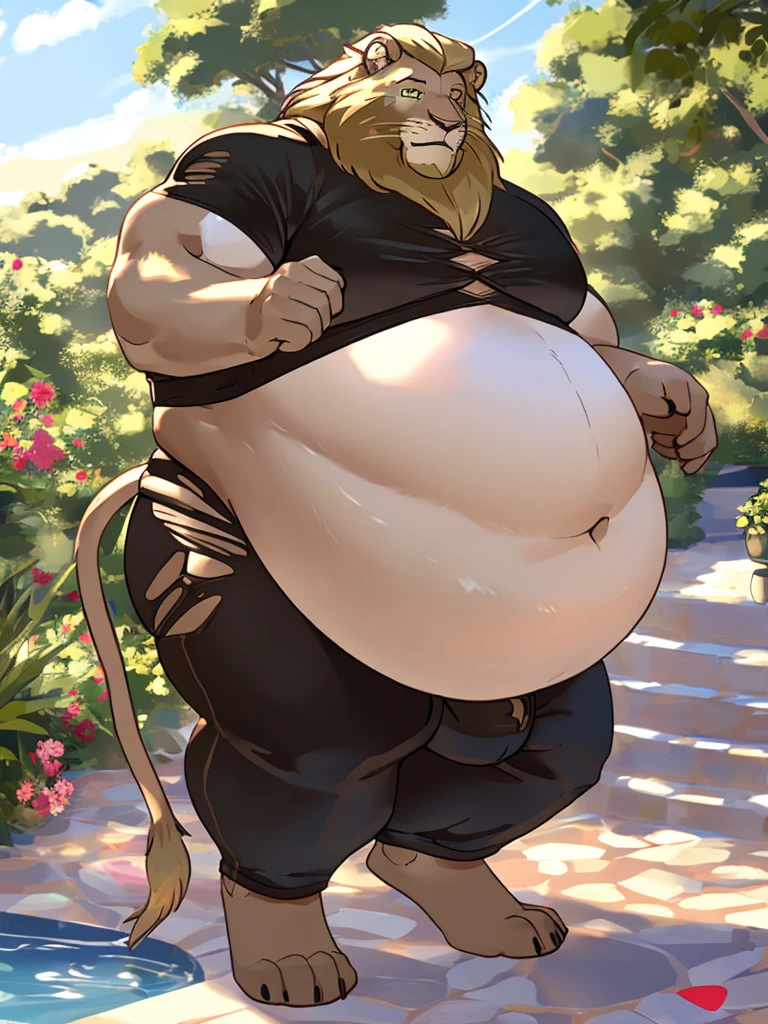 Lion, male, long and blond mane, blond beard, green eyes, very big and round fat belly, obese, chest harness, tight and fitting jockstrap, sexy gaze, alone, standing, garden terrace, high-quality 4k resolution, ultra-detailed, realistic:1.37, oil painting, vivid colors, warm color tone, soft and warm lighting.