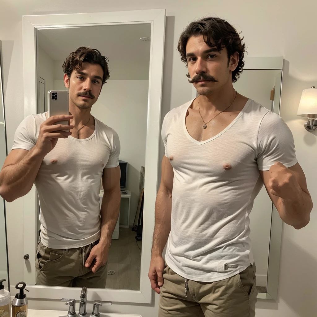 Handsome man , light mustache, hot muscular body , medium curly hair , mirror selfie , wearing casual summer outfit