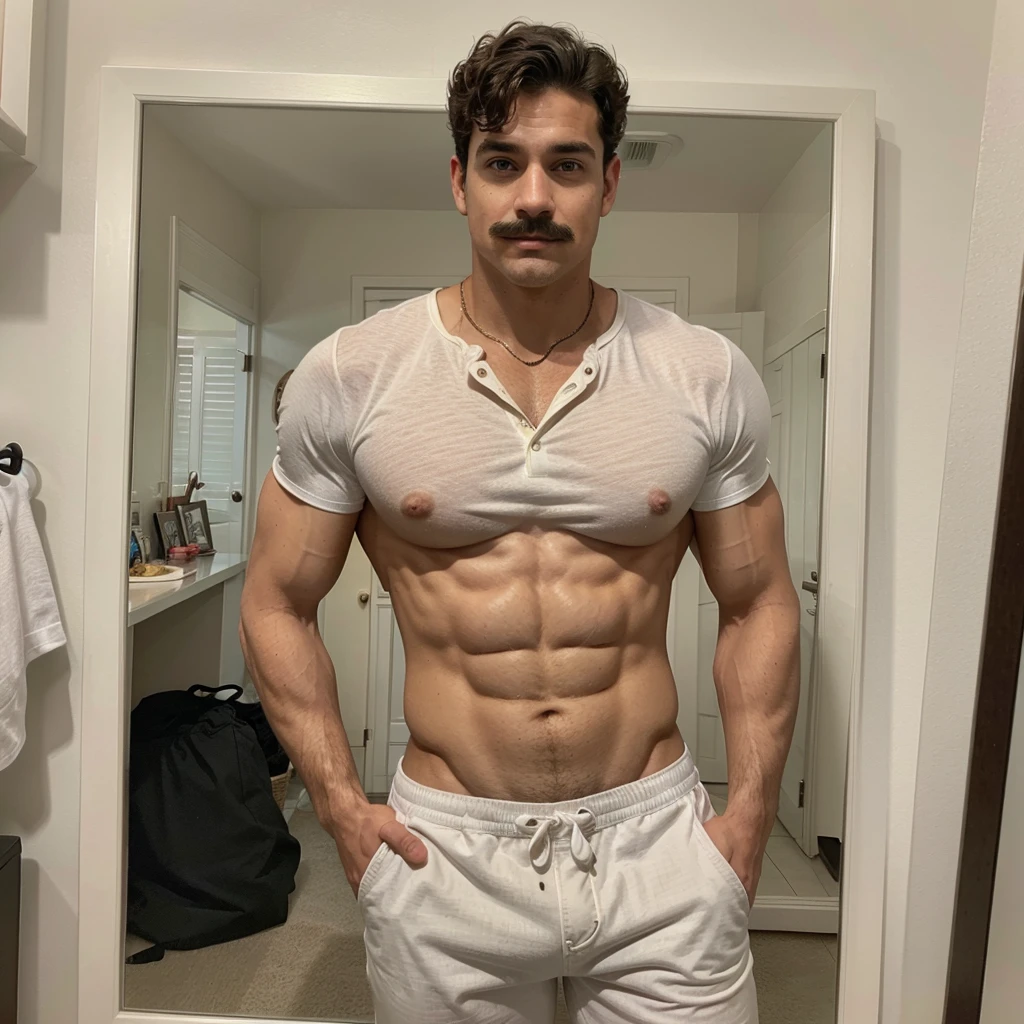 Handsome man , light mustache, hot muscular body , medium curly hair , mirror selfie , wearing casual summer outfit