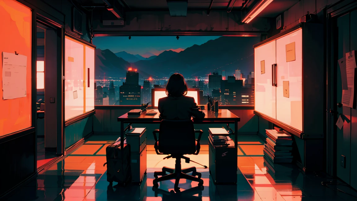 Office at night, Beautiful Asian woman leaning on a desk, City night view from the window, Perfect Face, , TaylorMade, Melancholy, Neon Black, (Backlight: 1.1), A scene from a movie, Hard Shadows, masterpiece, Highest quality, Complex, Model shooting style, Vintage, Film Grain, Blue tones, Wide Shot