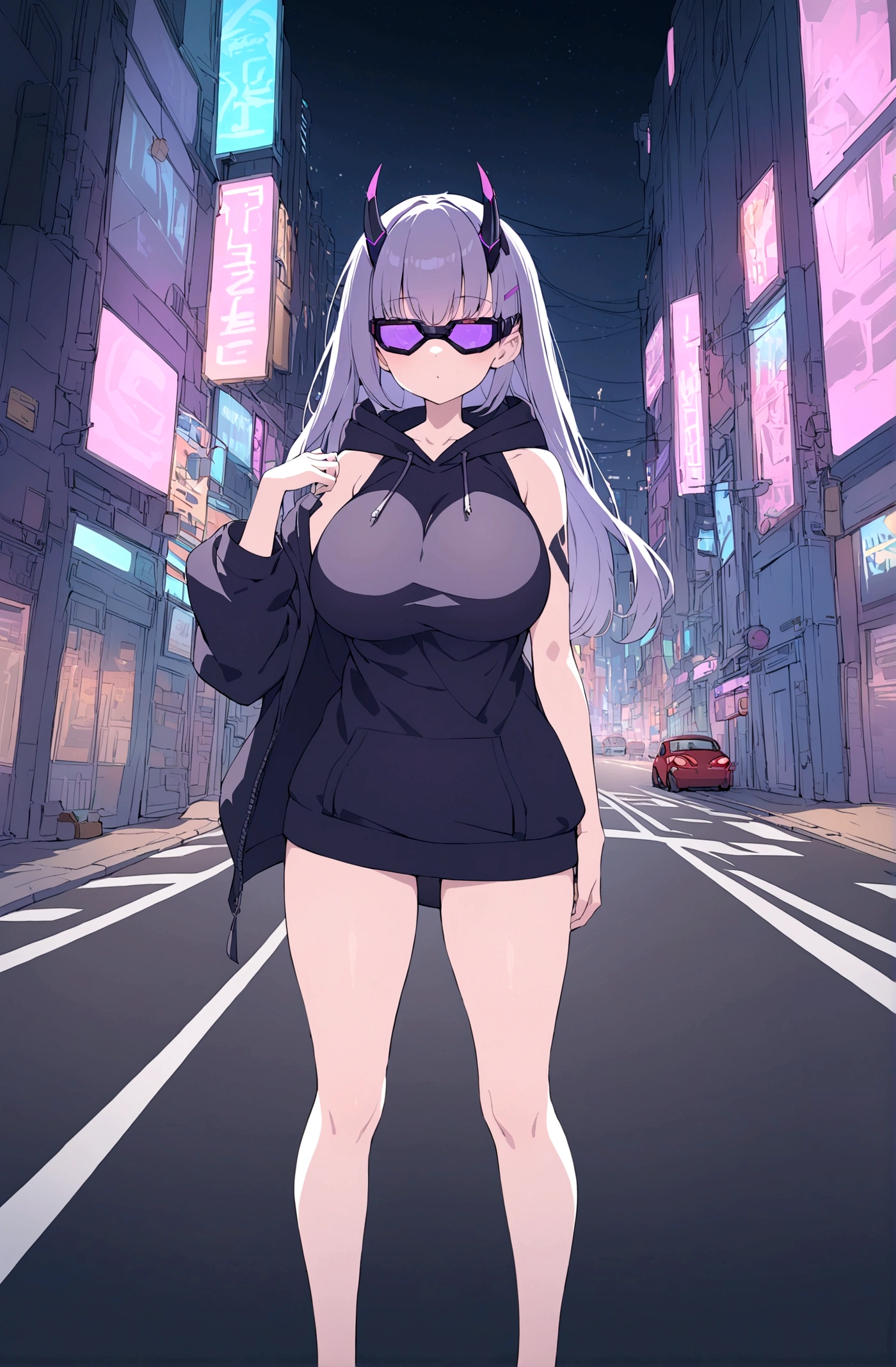 Slim  girl, huge tits,  standing at the middle of road, wearing black purple hoodie without one arm print, wearing cyber glasses, neon city, at night, cars, cybernetic horns