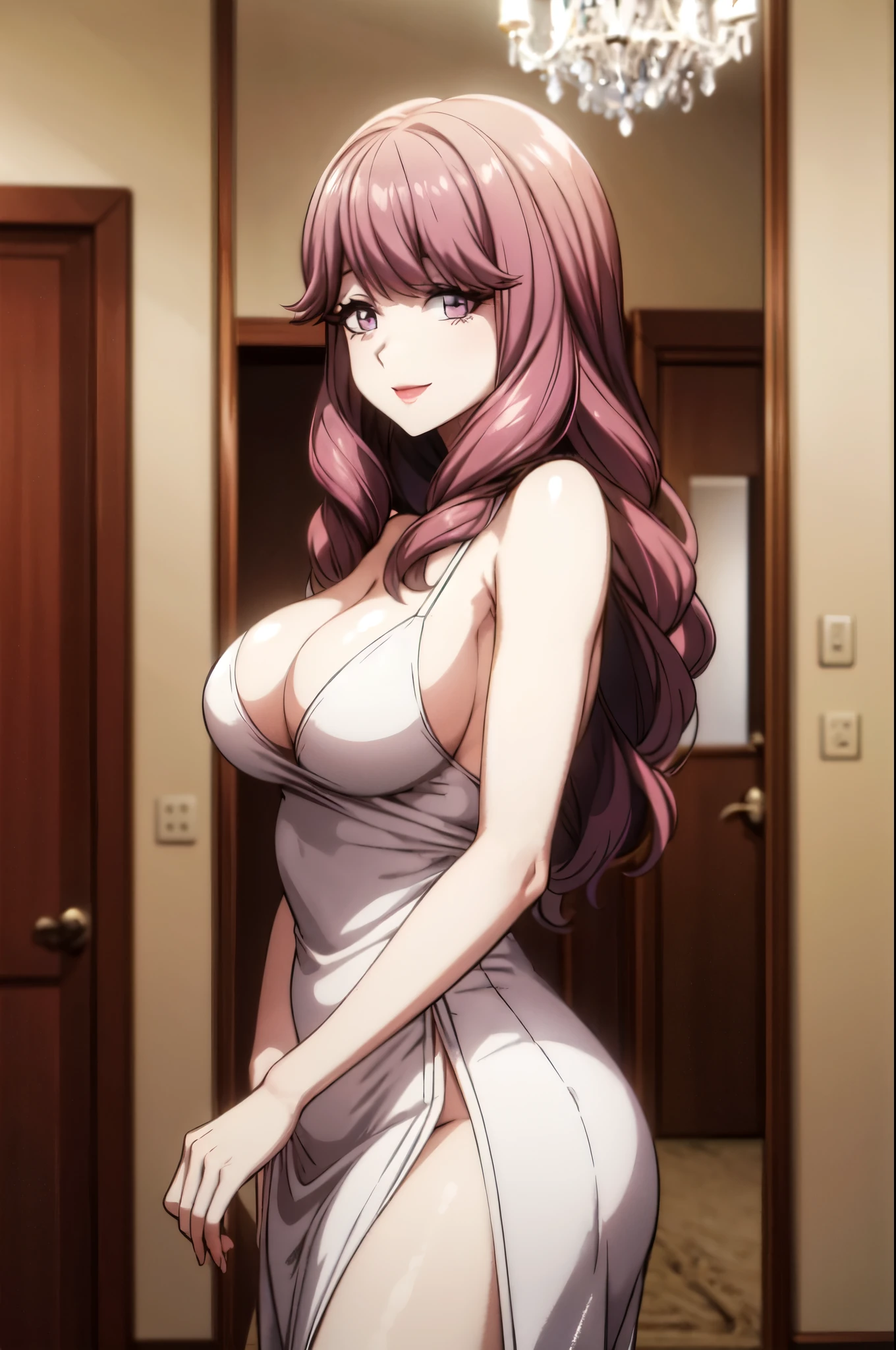 perfect eyes:1.2, detailed eyes:1.4, hall, smile, chandelier, Kurayoshi_R, cleavage, large breasts, ass, white dress, pelvic curtain, long dress, medium full shot, thigh-level shot, 1girl,(masterpiece:1.6, best quality),