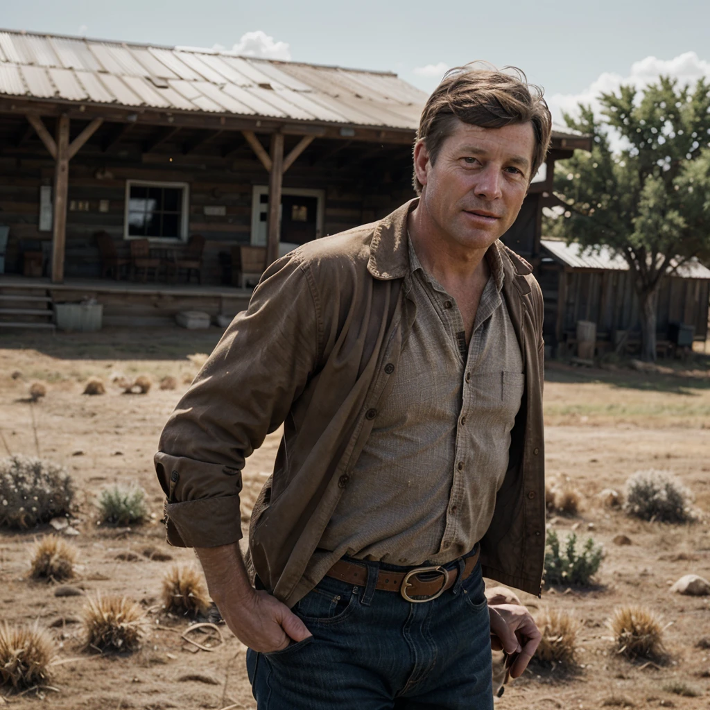 [John F. Kennedy] as a [cowboy], [Texas ranch] background, cinematic lighting, 8k, realistic, high details, focused face,