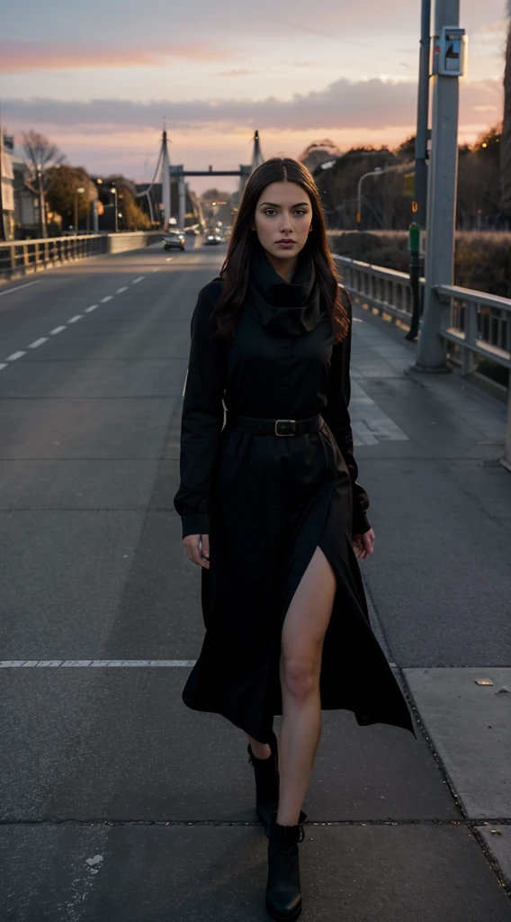 (realisitic), (Hyper-Realism), (photorealisitic:1.4), best qualityer, work of art, xtaylor, 1 girl, gazing at viewer, make up, detailedeyes, face detailed, (trunk:1.2), black gown, black scarf, walking on the bridge, SUNSET, Thu, (windy:1.2)