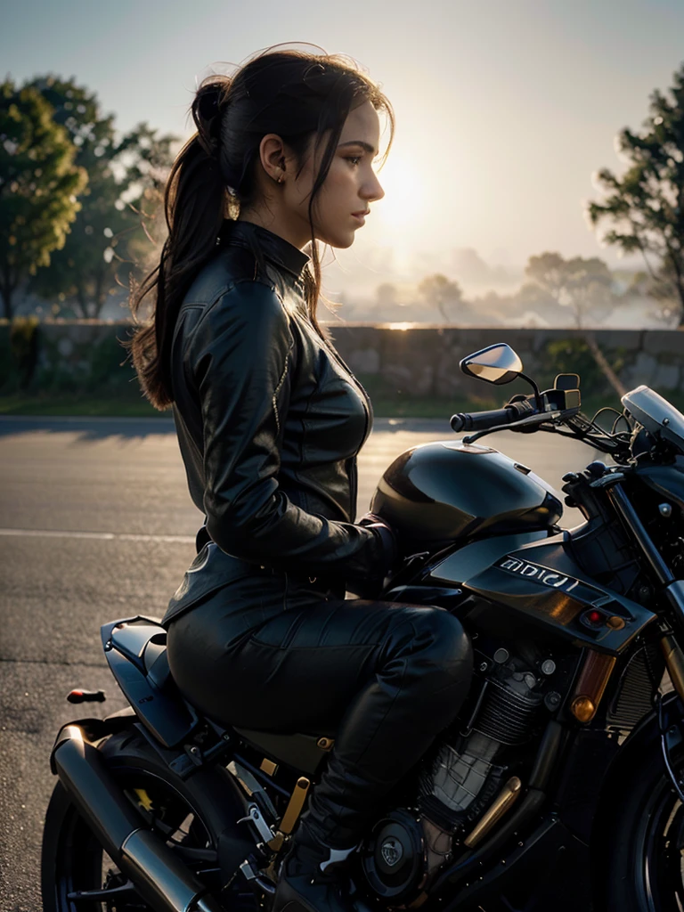 beautiful detailed woman, profile view, riding a racing motorcycle on the road, sensual, hyperrealistic, 8k, photorealistic, cinematic lighting, environmental details, reflections on the motorcycle, dramatic shadows, vibrant colors, depth of field, motion blur, volumetric fog, golden hour lighting, intricate details, expertly rendered