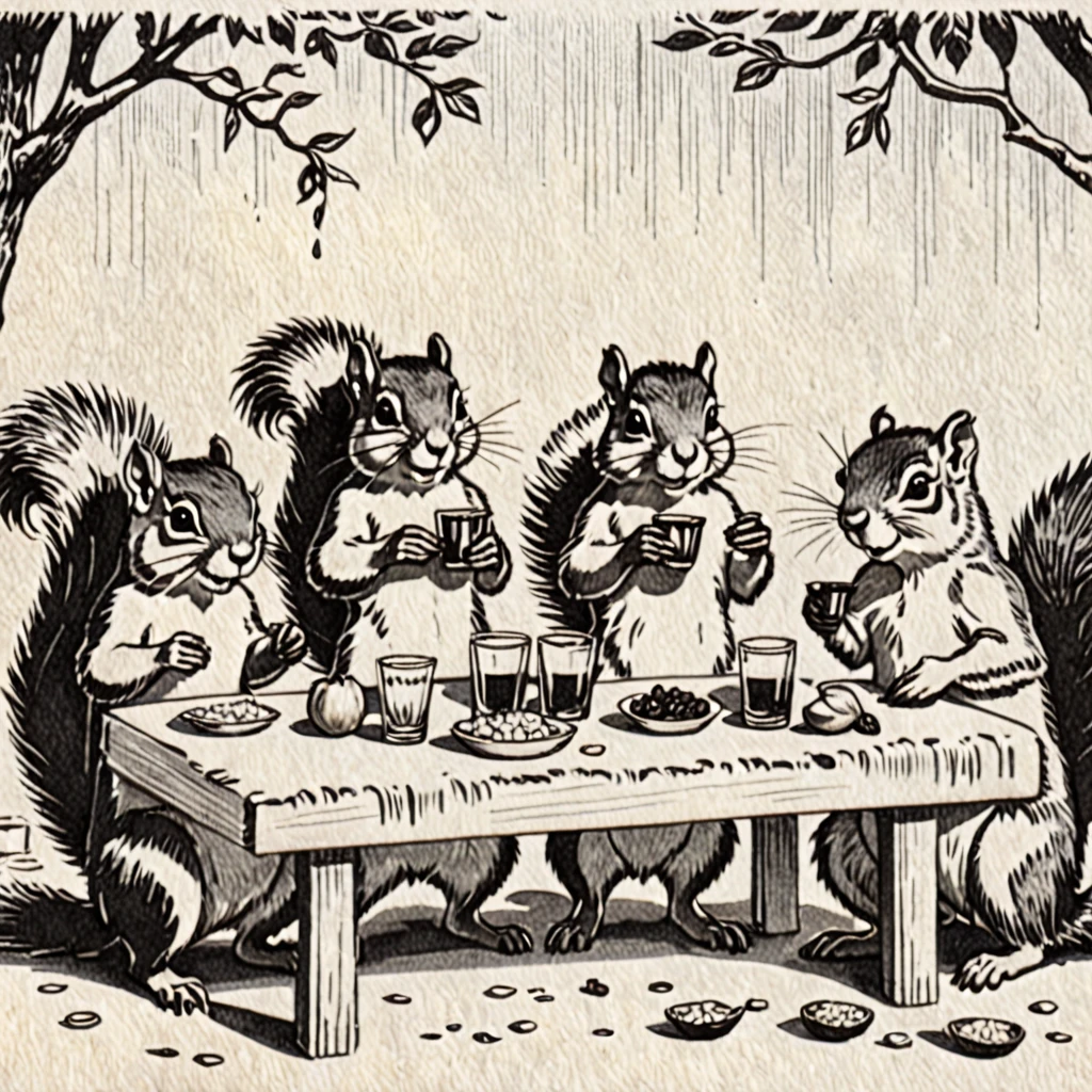 Squirrel, drunk, vintage, pencil draw, 4 squirrels, gathering, table with a bottle of rum in the middle, Squirrel 1 holding a peanut, squirrel 2 holding shredded coconut, squirrel 3 holding raisins, and squirrel 4 holding a sack of flour, sitting with glasses of rum and ice, vintage, draw
