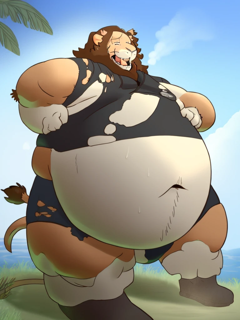 lion, overalls, sweat, armpit hair, obese, by bontiage