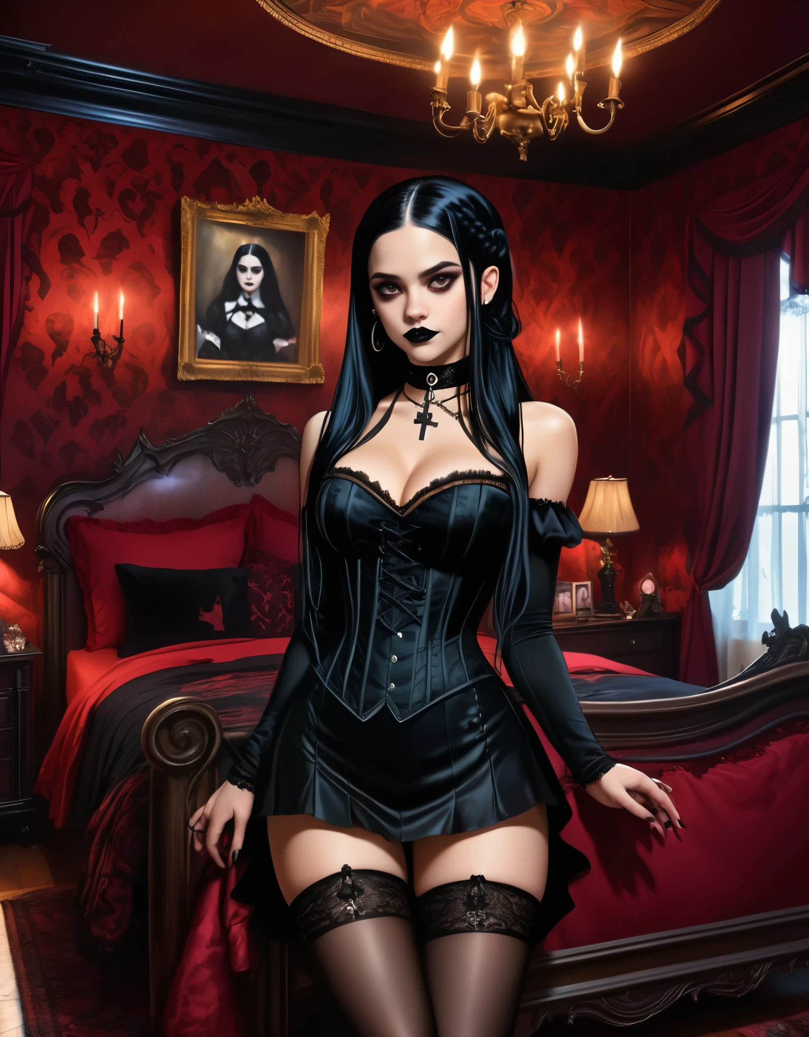 A young woman with long black hair styled in two braids and wears minimal makeup with dark eyeliner, black lipstick, ???? goth, Wednesday Addams (Jenna Ortega). The setting is a old Victorian bedroom with McCabe ornate decorations with a (Duotone {red and black]) silk bedspread. Painting on the wall of famous monsters taking a family photo. She is wearing black ornate fabric choker, black corset, black short feathered dress with black stockings. A peculiar, lifelike severed hand is placed on the bed next to her, adding an element of mystery. The lighting is eerie, coming from an unseen source, creating a since of mystery and intriguing atmosphere. Hyper realistic photo, vibrant colors, 16k.