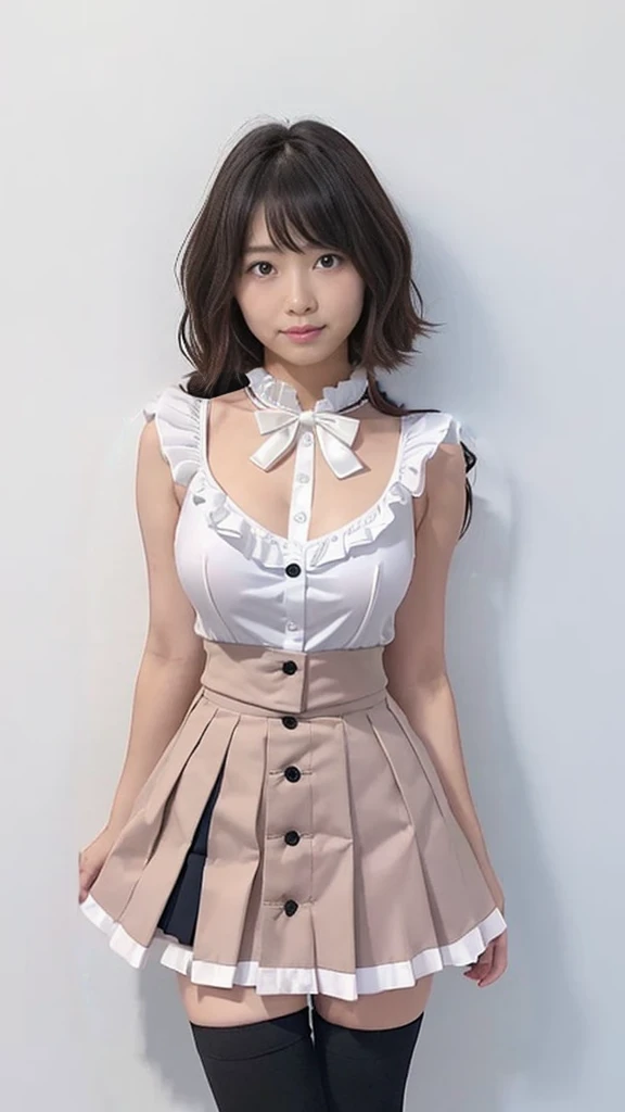 Perfect Anatomy、idle, (school festival frilled costume:1.3),(mini skirt:1.3),zettai ryouiki,bow tie,hair ribbon,large breast,(button gap:1.1),sleeveless,cuffs,tights