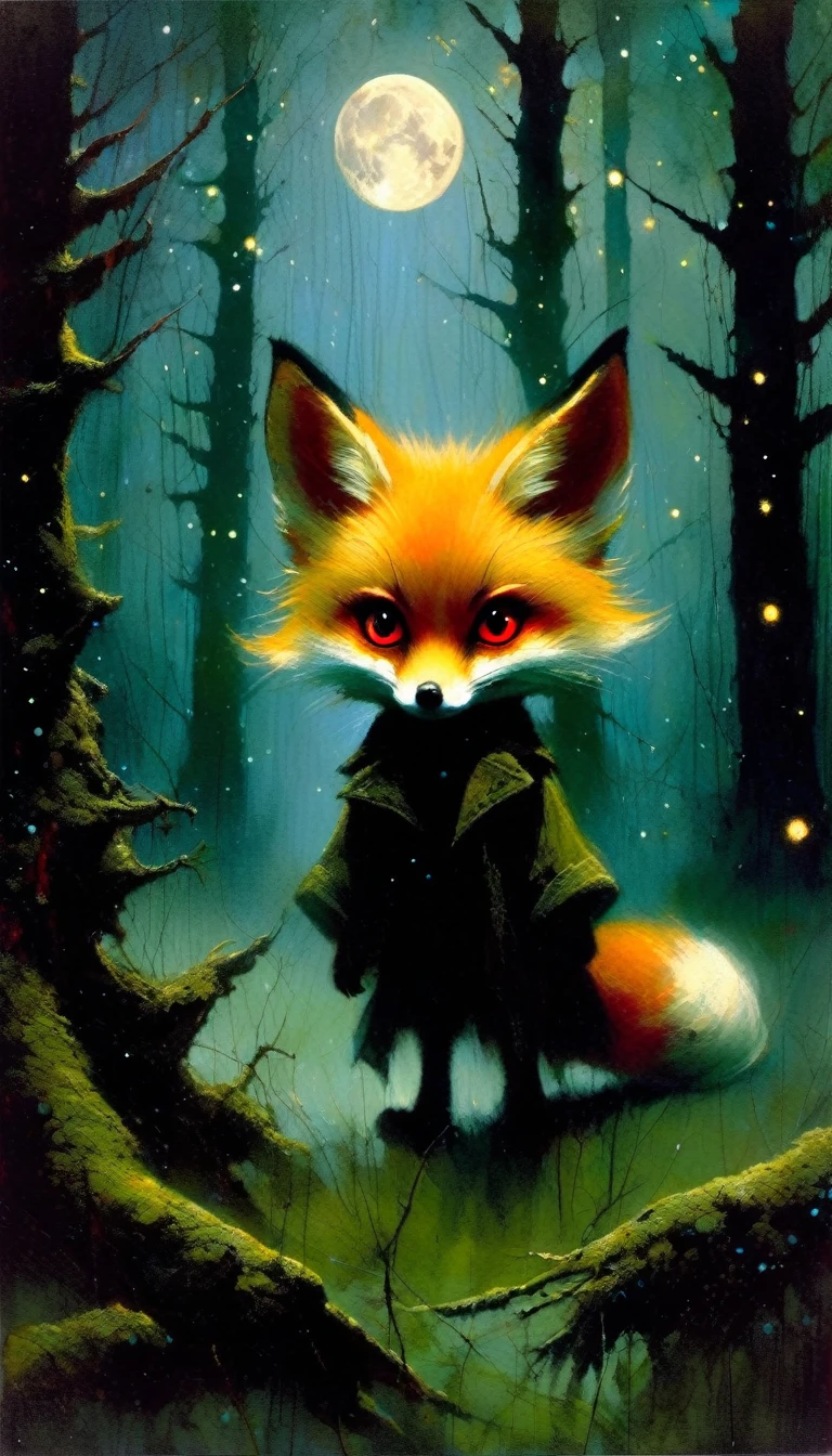 a little fox, adorable but angry, red eyes, walks through a forest at night, fog, creepy atmosphere, magic, fantastic, night sky, moon, stars, old-growth forest, dark mossy trees, moonlit, moody lighting, atmospheric, (art inspired in Bill Sienkiewicz). oil painting)