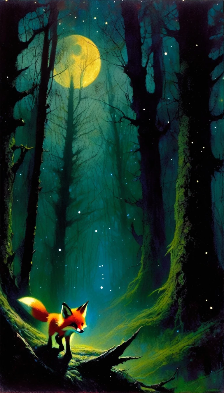 a little fox, adorable but angry, red eyes, walks through a forest at night, fog, creepy atmosphere, magic, fantastic, night sky, moon, stars, old-growth forest, dark mossy trees, moonlit, moody lighting, atmospheric, (art inspired in Bill Sienkiewicz). oil painting)
