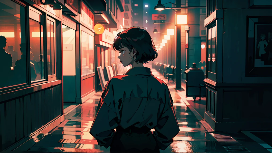 Office at night, Beautiful Asian woman leaning against a wall, City night view from the window, Perfect Face, , TaylorMade, Melancholy, Neon Black, (Backlight: 1.1), A scene from a movie, Hard Shadows, masterpiece, Highest quality, Complex, Model shooting style, Vintage, Film Grain, Blue tones, Wide Shot