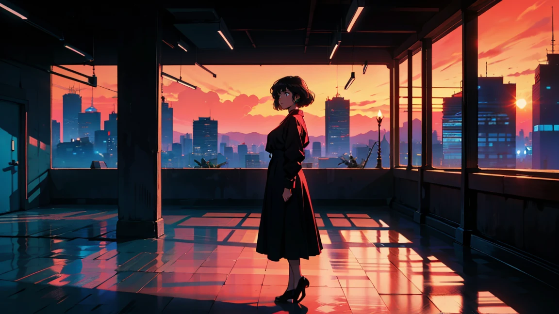 Office at night, Beautiful Asian woman leaning against a wall, City night view from the window, Perfect Face, , TaylorMade, Melancholy, Neon Black, (Backlight: 1.1), A scene from a movie, Hard Shadows, masterpiece, Highest quality, Complex, Model shooting style, Vintage, Film Grain, Blue tones, Wide Shot