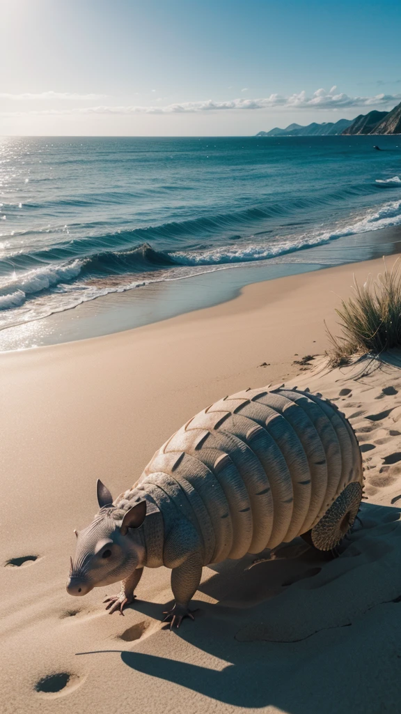 Write the name armadillo with a sea drawn in the background