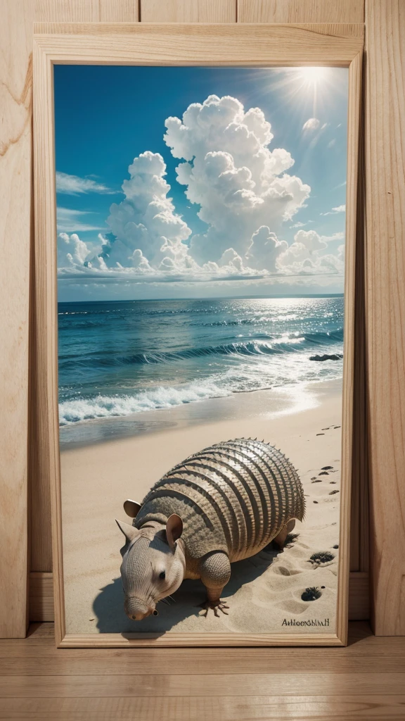 Write the name armadillo with a sea drawn in the background