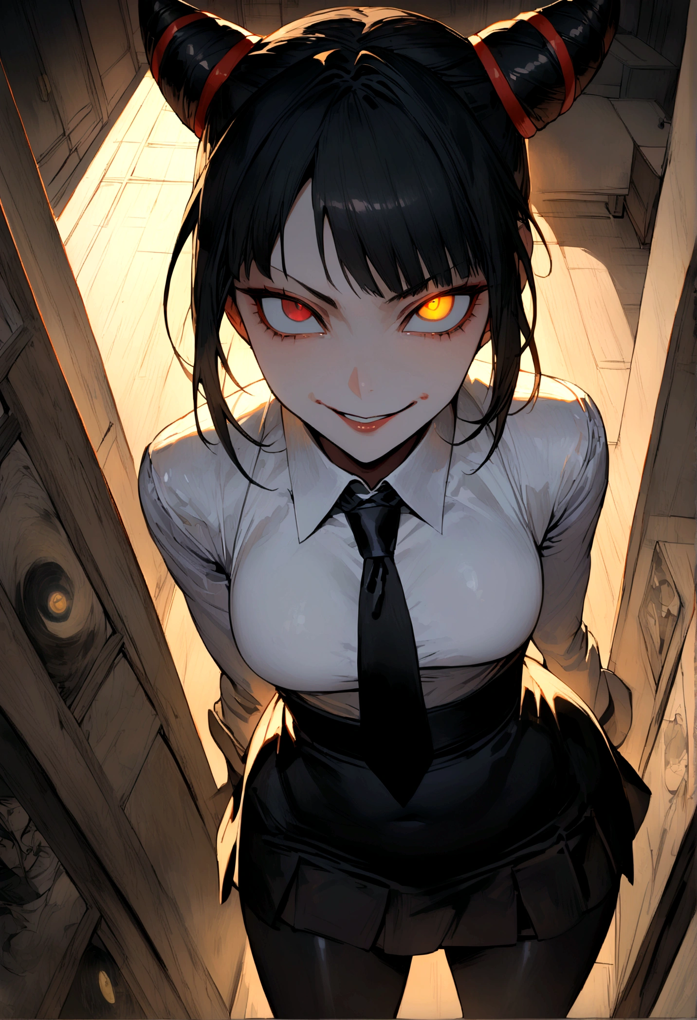 juri han, work of art, tight white secretary shirt with black tie, black high waist skirt, short skirt,stocking, black hair, black tightscary sun,office,bangs on the eyes,lighting,horn of hair,view from above,staring overhead,evil smile