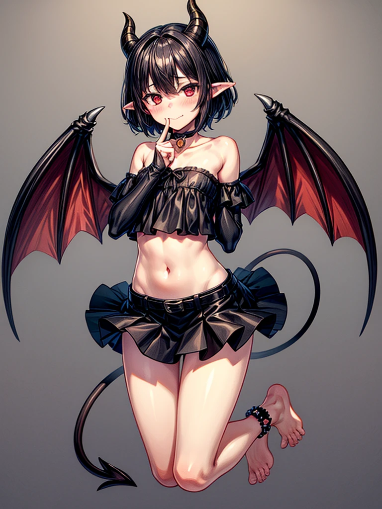 (masterpiece:1.2), (highest quality:1.2), 1girl, solo, horns, Red-eyes, barefoot, navel, skirt, pointy-ears, Black-hair, demon-girl, blush, short-hair, demon-tail, looking-at-viewer, Gray-background, bare-shoulders, smil, full-body, choker, demon-horns, ribbon, naughty-face, collarbone, jewelry, Black-skirt, midriff, finger-to-mouth, hear, bangs, belt, bow, Black-ribbon, see-through, standin, bat-wings, flat-chest, ((miniskirt)), closed-mouth, leg-up, Black-wings, anklet, tsurim, Black-choker, hand-up
