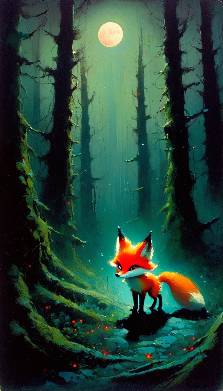 a  fox, adorable but angry, red eyes, walks through a forest at night, fog, creepy atmosphere, magic, fantastic, night sky, moon, stars, old-growth forest, dark mossy trees, moonlit, moody lighting, atmospheric, (art inspired in Skottie Young and Bill Sienkiewicz). oil painting)

