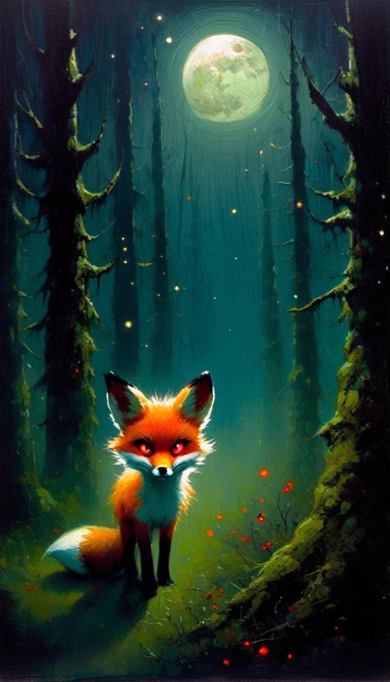 a  fox, adorable but angry, red eyes, walks through a forest at night, fog, creepy atmosphere, magic, fantastic, night sky, moon, stars, old-growth forest, dark mossy trees, moonlit, moody lighting, atmospheric, (art inspired in Skottie Young and Bill Sienkiewicz). oil painting)

