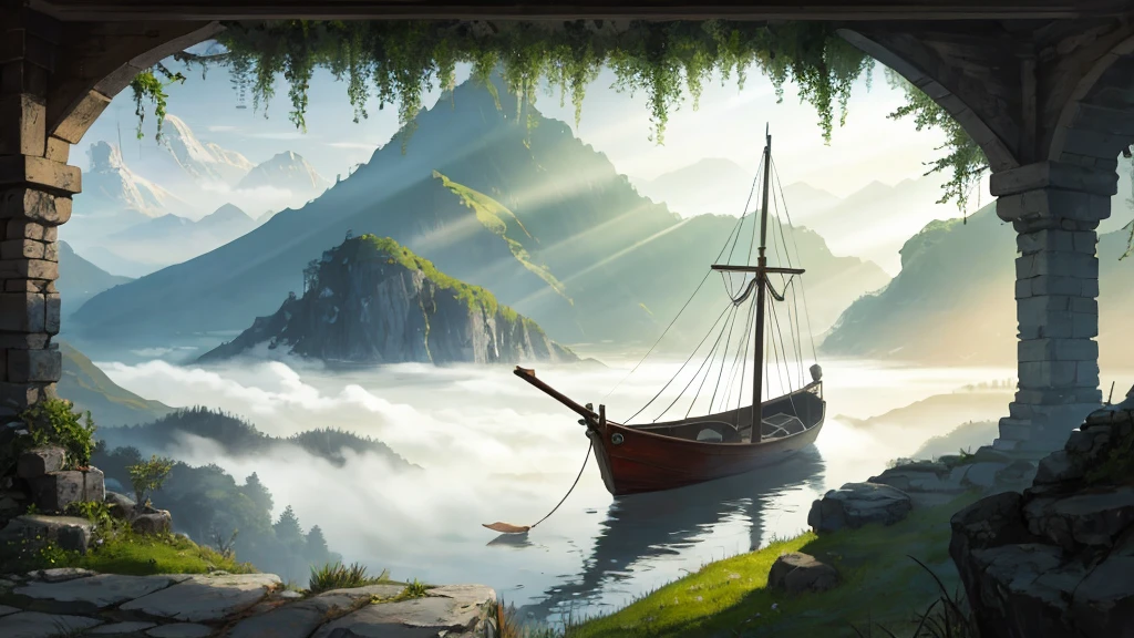 RAW photos of landscapes,The most exquisite details,Realistically,Fog atmosphere,China、spring、landscape、Small boat、(Implications:1.0)、Epic Composition、Realistic lighting、High Definition Details、masterpiece、best quality,(Highly detailed CG Unity 8k wallpaper),Composition,美学Composition。spring色彩,Illustration poster。